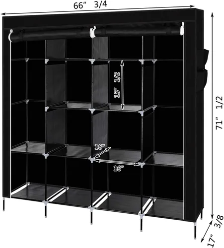 Miniatura 2 de Armario portátil para armario, organizador de almacenamiento con estantes y cubierta para colgar ropa, tela no tejida, fácil montaje (negro-4)