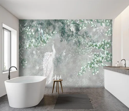 Miniatura 3 de Papel pintado de hojas verdes botánicas de pavo real de tela para sala de estar, dormitorio, baño, planta gris, mural grande de pared - 160"x108