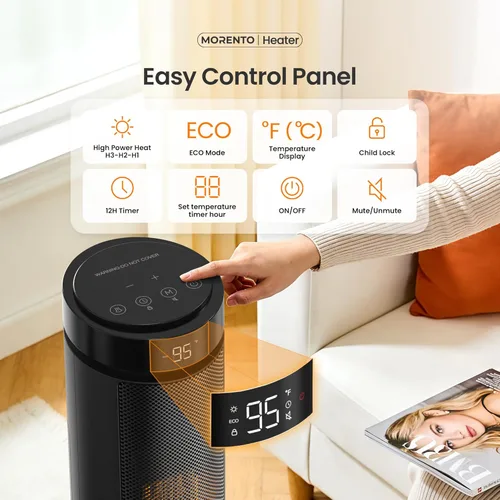 Miniatura 6 de MORENTO Calentador de espacio para uso en interiores, calor rápido de cerámica de 1500 W, calentador eléctrico para habitación grande con control