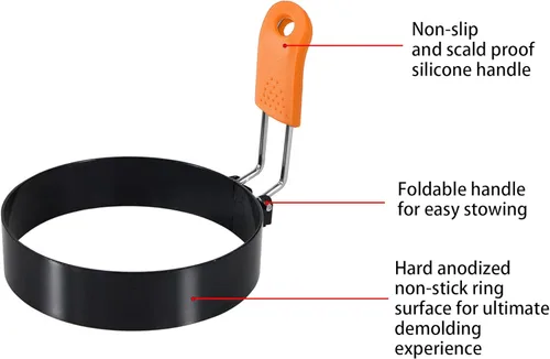 Miniatura 3 de Juego de 4 anillos para huevos de 3.5 pulgadas con mango de silicona, anillo grande para freír huevos, molde redondo para magdalenas inglesas