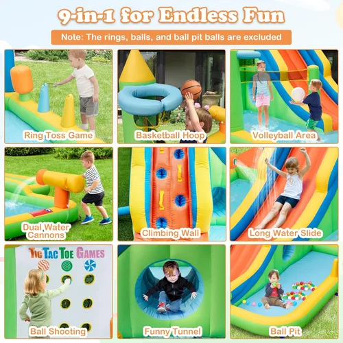 Miniatura 8 de BOUNTECH Tobogán acuático inflable, tobogán de surf de elefante, parque acuático para niños, castillo hinchable con 2 piscinas de chapoteo, cueva