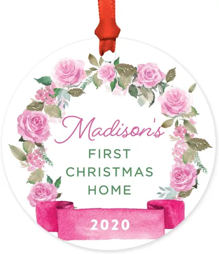 Miniatura 68 de Andaz Press Adorno de Navidad de madera grabado con láser para aniversario de boda, 1 año juntos, Navidad 2025, pancarta de flores rosas, 1 paquete