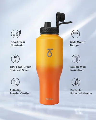 Miniatura 5 de Trebo Botella de agua aislada de 40 onzas que cabe en el soporte para tazas, botellas de acero inoxidable, vaso de metal de doble pared con tapas
