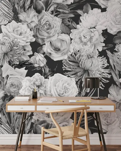 Miniatura 3 de Papel pintado de rosas blancas y negras, papel tapiz de acuarela autoadhesivo extraíble, papel tapiz floral para despegar y pegar