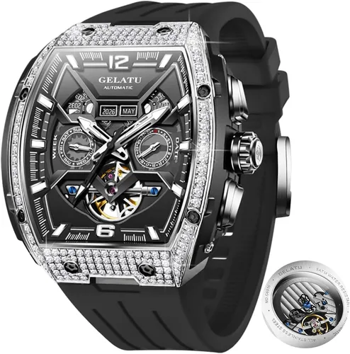 Miniatura 10 de OLEVS Reloj de pulsera automático con diseño de esqueleto para hombre, de lujo, con diamantes de lujo, de acero inoxidable, calendario, reloj