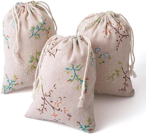 Miniatura 7 de KISSITTY 50 bolsas con cordón impreso con patrón de flores, bolsas de embalaje de regalo, bolsas de almacenamiento de tela para regalos de joyería