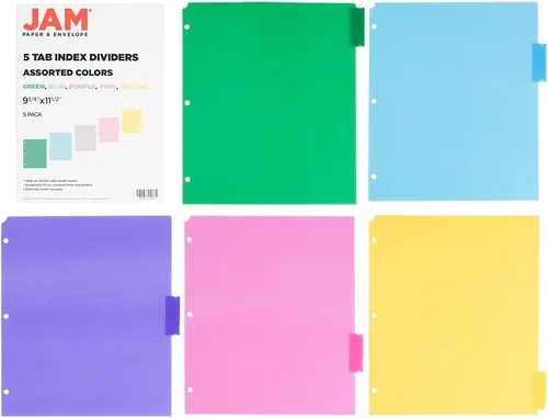 Miniatura 2 de JAM PAPER Separadores de Índice de Plástico de 5 Pestañas - 9 3/4 x 11 1/2 pulgadas - Multicolor Surtido - 5 Separadores con Pestañas/Paquete 1