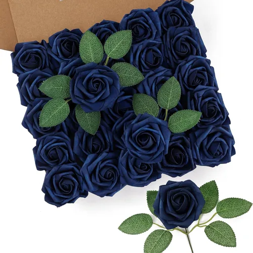 Miniatura 20 de DuHouse 25 rosas artificiales con tallos, flores de espuma de tacto real para bricolaje, ramo de boda, centro de mesa, arreglo floral, fiesta, Verde