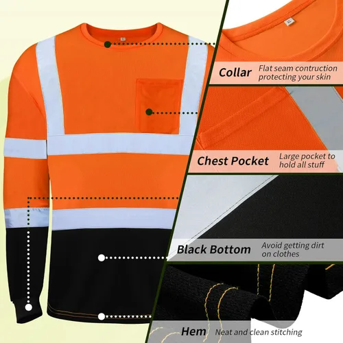 Miniatura 3 de Zhanmai 6 Pack Long Sleeve Safety Shirt High Visibility Reflective Class 3 Hi Vis Construction Safety Shirt with Pocket Naranja
