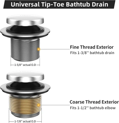 Miniatura 4 de Kit de drenaje de bañera completamente metálico Tip-Toe con placa frontal de desbordamiento de dos orificios y ensamblaje universal de rosca Chapado
