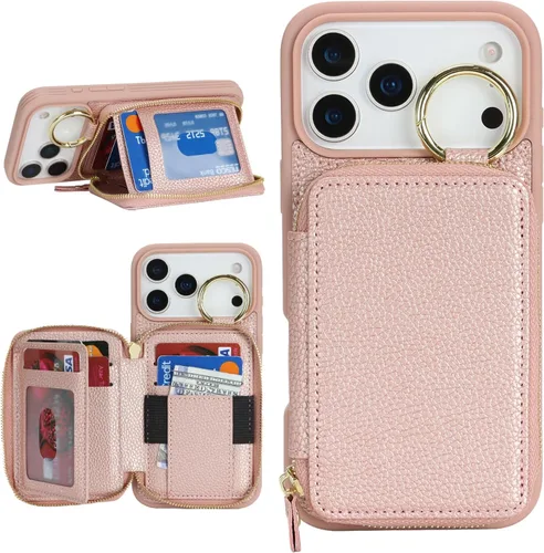 Miniatura 20 de Funda compatible con iPhone Air Wallet con tarjetero para iPhone Air, funda con cremallera y ranura para mujer, 5G de 6.5 pulgadas, color oro rosa