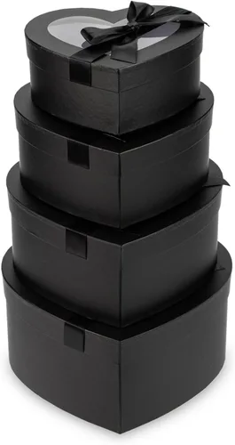 Cajas negras en forma de corazón para arreglos florales, cajas de corazón para flores, juego de 4 cajas de regalo anidables con tapas transparentes
