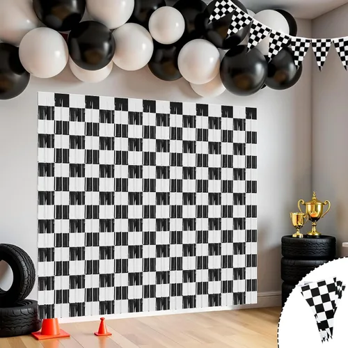 Miniatura 8 de Decoraciones de fiesta de cumpleaños de coche de carreras, paquete de 2 serpentinas de papel de aluminio negro y blanco, cortinas de flecos para un