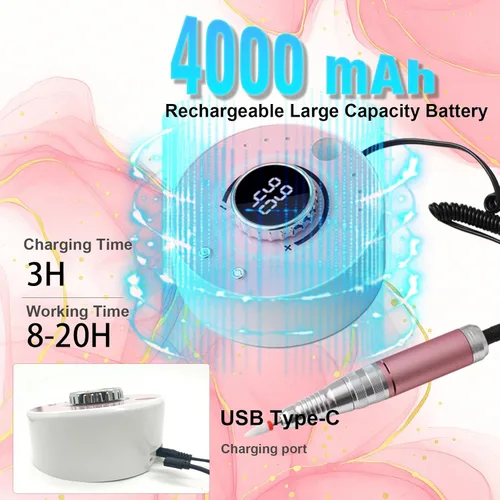 Miniatura 3 de Taladro eléctrico de uñas con motor sin escobillas, lima de uñas profesional inalámbrica de 40000 RPM para eliminación de acrílico y gel, kit de Rosa