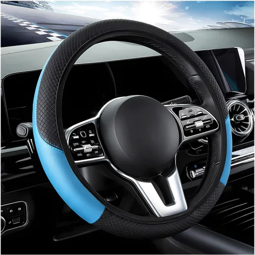 Miniatura 16 de DXNQ Funda para volante de automóvil, 15 pulgadas de fibra de carbono con costuras de piel, protector de volante de color, antideslizante, elástica