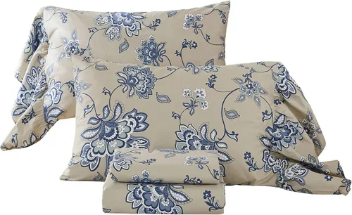 Miniatura 12 de ABREEZE Juego de sábanas con estampado floral beige, juego de ropa de cama bohemio, juego de ropa de cama de lujo de 4 piezas, medallón de damasco