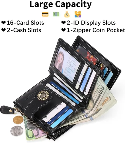 Miniatura 2 de SENDEFN Carteras pequeñas para mujer, con bloqueo RFID, de cuero, plegable, tarjetero con ventana de identificación