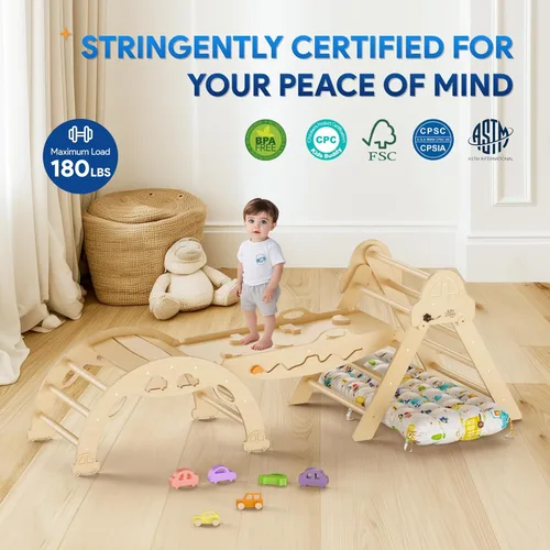 Miniatura 7 de Conjunto de Triángulo Pikler con Cojín 9 en 1 Plegable Juguetes de Escalada Montessori para Niños Pequeños 1-3 Parque Infantil de Madera