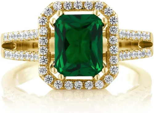 Miniatura 3 de Gem Stone King Anillo de esmeralda simulada de plata chapada en oro amarillo de 18 quilates para mujer 2.78 quilates Corte esmeralda 9X7MM