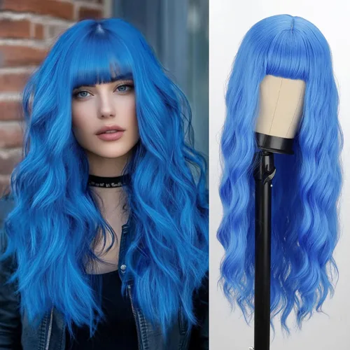 Miniatura 15 de Peluca larga de color rubio ceniza con flequillo, pelucas onduladas y rizadas gris rubio de aspecto natural, peluca de fibra sintética resistente al