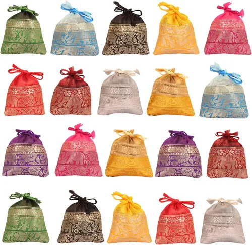 Miniatura 33 de Touchstone Preciosas bolsas de regalo reutilizables, respetuosas con el medio ambiente, brocado de cachemira con cordón grande para cumpleaños