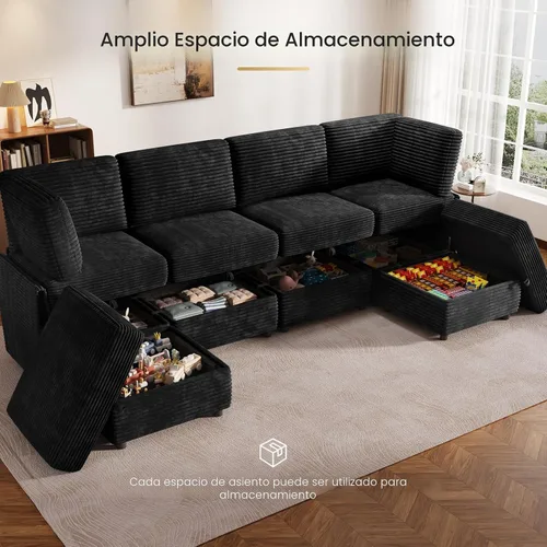 Miniatura 7 de KKL Sofá seccional modular en forma de U de 6 plazas con otomano de almacenamiento, sofá convertible en forma de L de terciopelo mullido y ancho
