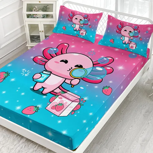 Miniatura 2 de AILONEN Axolotl - Juego de sábanas bajeras para niños, tamaño individual XL, color rosa y azul degradado kawaii, lindas sábanas de fresa salamandra
