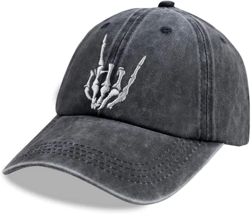 Miniatura 2 de Sombrero de mano unisex con esqueleto de calavera, bordado de huesos de Halloween, ajustable, de algodón lavado, gorra de béisbol de mezclilla