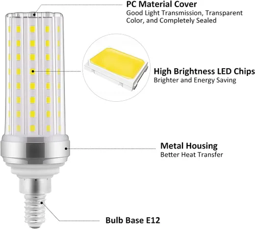 Miniatura 3 de Paquete de 4 bombillas LED E12, bombillas LED de candelabro de 20 W, equivalente a 150 W, luz blanca diurna 6000 K, 2000 lm, no regulables