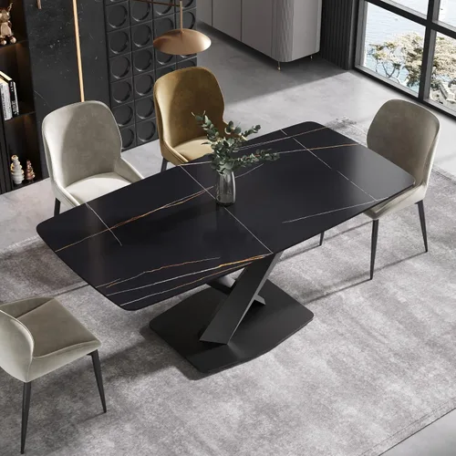 Miniatura 15 de Mesa de comedor moderna, mesa de comedor de piedra sinterizada blanca antigua con base de acero al carbono sólido en forma de X, mesa de comedor