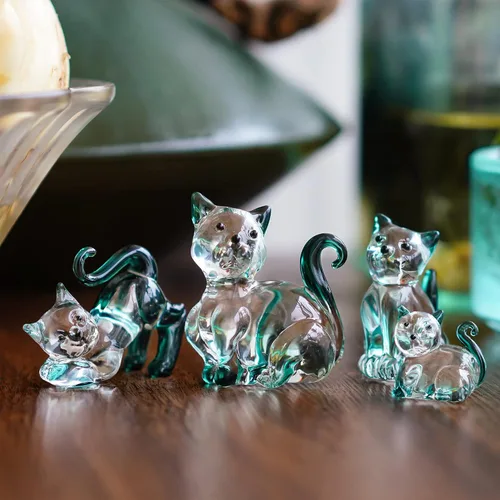 Miniatura 7 de HDCRYSTALGIFTS Figuras de Gatos de Cristal Soplado de 2 pulgadas Coleccionables Paquete de 4 Estatua de Animal Gatito de Cristal Verde Esmeralda
