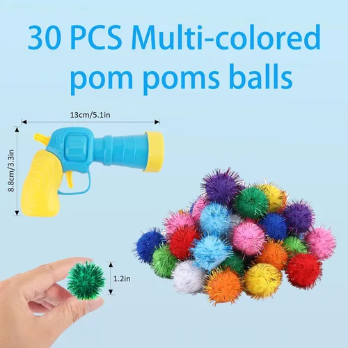 Miniatura 4 de Dorhui Lanzador de pistola de juguete para gatos, 30 bolas de pompones brillantes y lanzador de bolas de gato, disparador de pistola de juguete