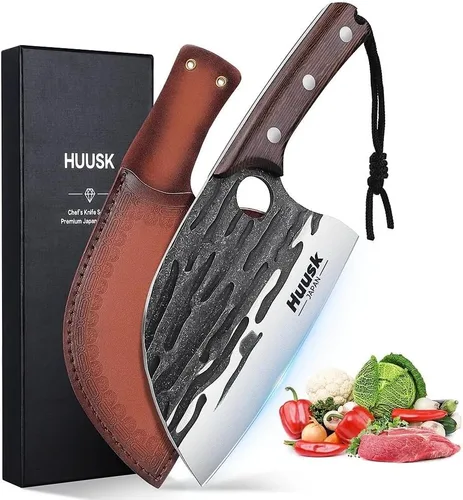 Huusk Cuchillo de chef serbio mejorado, cuchillo japonés para cortar carne, cuchillos de carnicero forjados con vaina, cuchillos de cocina de espiga
