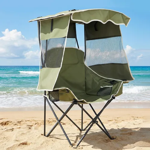 Miniatura 13 de ABORON Silla de camping con toldo, silla de playa plegable con sombra, silla portátil para exteriores con portavasos y bolsa refrigeradora