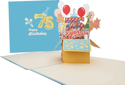 Miniatura 2 de iGifts And Cards Tarjeta desplegable 3D de cumpleaños 75: caja de fiesta azul centro de mesa de champán - Saludo de hito para padres, abuelos