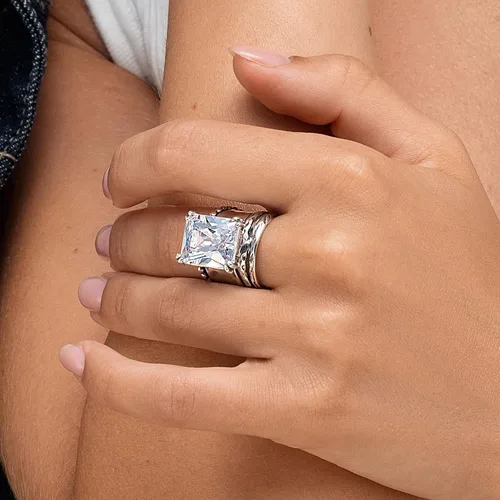 Miniatura 2 de JEAN RACHEL JEWELRY Anillo de plata de ley 925, diseño vintage martillado con circonita cúbica en forma de octágono, hipoalergénico, sin plomo ni