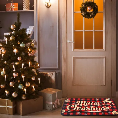 Miniatura 7 de Tinideya Tapete decorativo de Navidad para exteriores, tapete decorativo antideslizante de cuadros escoceses, tapete de bienvenida de Navidad