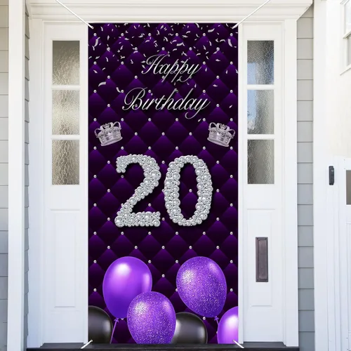 Miniatura 47 de Cartel morado de feliz primer cumpleaños telón de fondo para cabina de fotos, globos de corona plateada, decoración temática para niña, aniversario