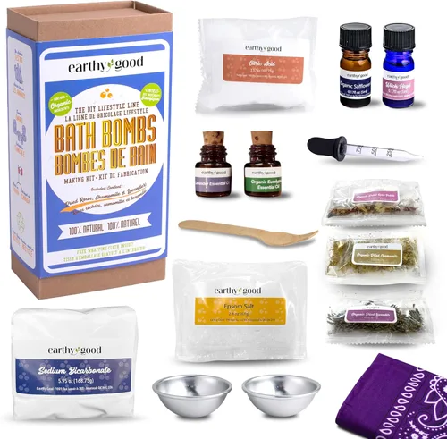 Kit de bomba de baño Earthy Good DIY con ingredientes orgánicos 100% naturales Incluye: aceites esenciales, rosa seca, manzanilla y lavanda, moldes,