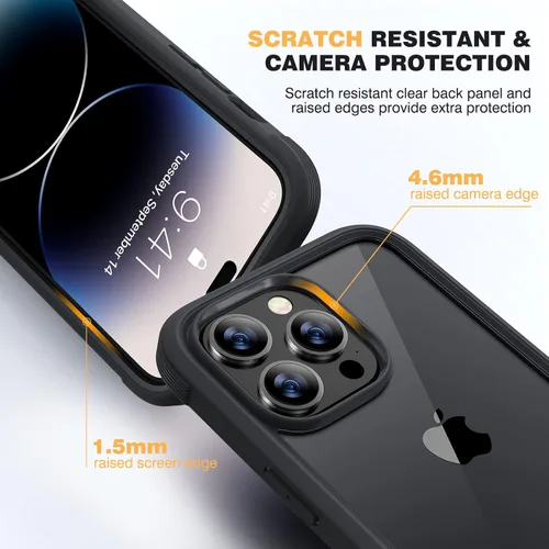 Miniatura 4 de Diaclara - Funda diseñada para iPhone 14 Pro de 6.1 pulgadas, resistente, de cuerpo completo, con protector de pantalla sensible al tacto y Negro