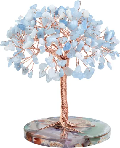 mookaitedecor Árbol de cristal de aguamarina natural con base de ágata, árbol de dinero de la suerte, decoración de Feng Shui para el hogar y la