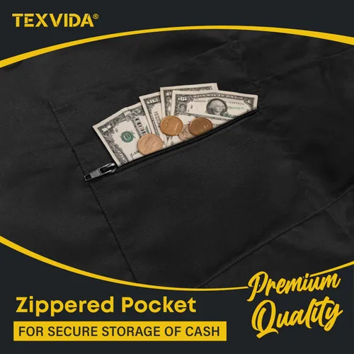 Miniatura 2 de Delantal unisex para servidor bistró con bolsillo con cremallera, grado comercial (negro, 24 x 20 pulgadas)