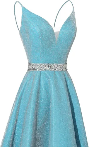 Miniatura 4 de Yexinbridal Vestido de fiesta con tirantes delgados con purpurina y cuentas largas de satén con cuello en V