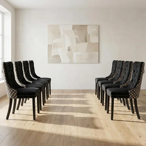 Miniatura 96 de OVENTA Juego de 4 sillas de comedor modernas tapizadas copetudas, terciopelo negro y gris y cuero con patas de madera maciza, sillas de cocina