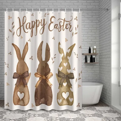 Miniatura 7 de LooPoP Cortina de ducha de Pascua con ganchos, tela impermeable, diseño de flores, zanahoria, conejo, juego de cortinas de ducha para baño, bañeras