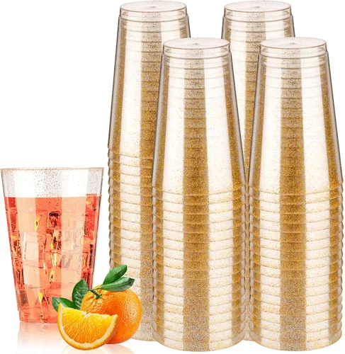 Miniatura 10 de Goodluck 100 vasos de plástico con purpurina dorada de 9 onzas, vasos desechables con purpurina, elegantes vasos de cóctel de plástico, vasos