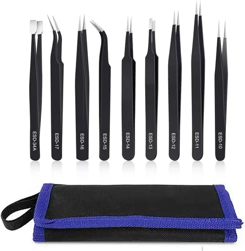 Kaverme 9 piezas juego de pinzas de precisión, pinzas antiestáticas mejoradas de acero inoxidable, para electrónica, soldadura, trabajo de