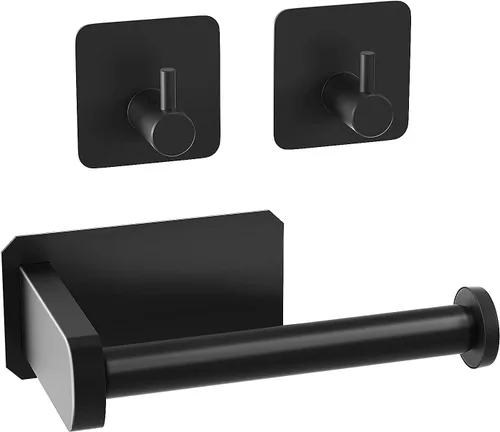 Anfly Soporte de papel higiénico para caravana, soporte de papel higiénico autoadhesivo con 2 ganchos para colgar para cámper, baño, cocina y Negro