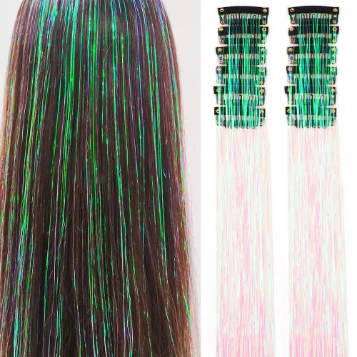 Miniatura 14 de Paquete de 12 extensiones de cabello de oropel con clip, paquete de 12 unidades, 20 pulgadas, extensiones de cabello de oropel con purpurina, negro#