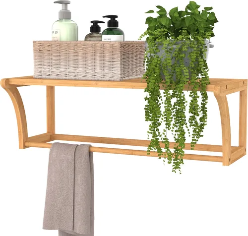 ClosetMaid Estante de pared de bambú con toallero, estantes de almacenamiento de montaje en pared, estante organizador, acabado natural